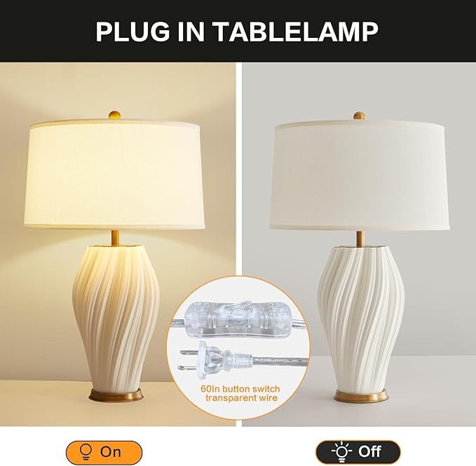 Plug in White Large Ceramic Table Lamps 26.75In, Modern Textured Table Lamp Decorative for Living Room Bedroom Nightstand Bedside Office Desk