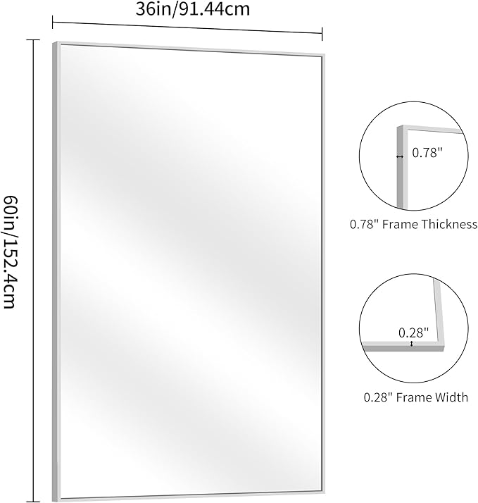 YIROMAN Bathroom Mirror 60"x36", Large Brushed Silver Bathroom Mirror for Over Sink with Aluminum Frame, Rectangular Vanity Mirror with Right Angle, Wall Mirror Hangs Horizontal or Vertical