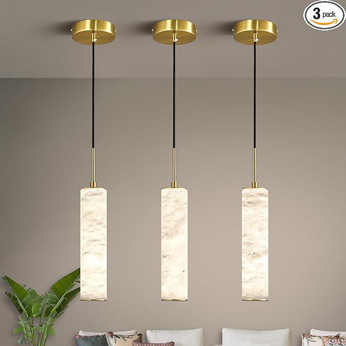 LMQNINE Natural Alabaster Pendant Lights for Kitchen Island White Marble Long Tube Chandelier Modern Gold Ceiling Light Fixtures for Bedroom Dining Room Table Living Room Hallway(S-3Pack)