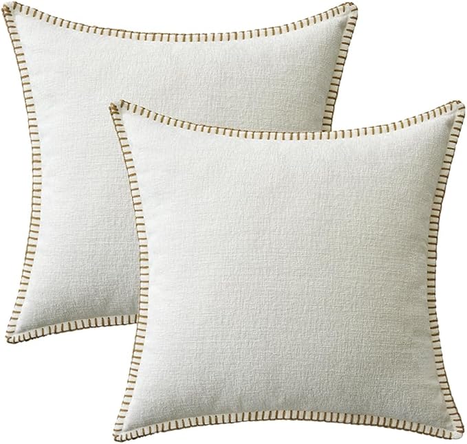 MIULEE Pack of 2 Christmas Pillow Covers 16x16 Inch Pure White Farmhouse Decorative Throw Pillow Covers with Stitched Edge Soft Chenille Solid Dyed Couch Pillow Covers for Sofa Bed Living Room