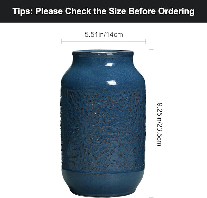 Blue Ceramic Vase for Home Decor, 9 Inch Modern Farmhouse Vase, Decorative Vases for Pampas Grass, Fireplace, Living Room, Bathroom, Tabletop, Kitchen, Office, Farmhouse Decor
