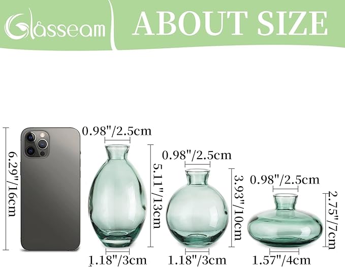 Glass Bud Vase for Centerpieces: 12Pcs Glasseam Green Mini Small Vases for Flowers Bulk Flower Vase Set Aesthetic Cute Handmade Tiny Short Wedding Table Centerpiece Decor