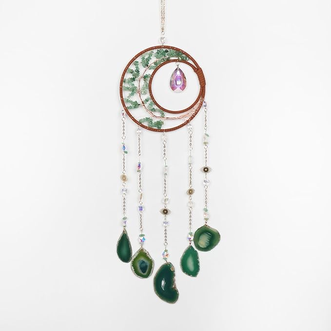 Green Agate Gemstone Large Moon Dream Catcher Chakra Tree of Life Dream Catcher with Aventurine Handmade Dreamcatcher Suncatcher Wall Decor for Adults Boys Girls Bedroom Garden Bless Gift