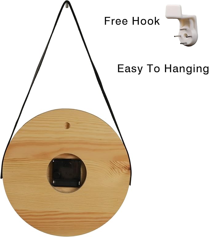 Kesin Wooden Wall Clocks 10 inch Silent Wall Clock Battery Operated Hand Made Round Farmhouse Clock with Rope Hanging Home Decor for Kitchen, Living Room, Bedroom, Office (Nature)