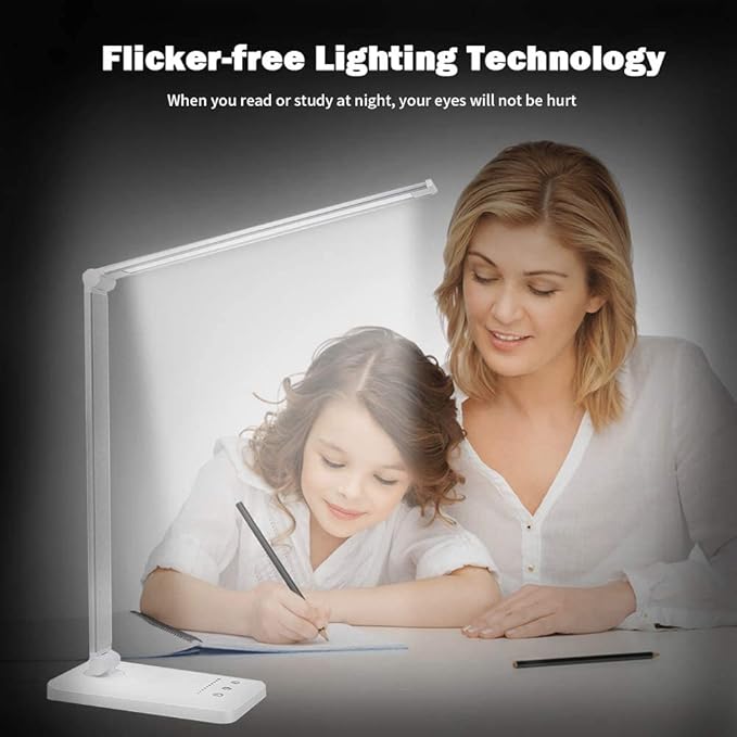 Led Desk Lamp, Desk Lamp with USB Charging Port, 5 Color Modes, 10 Brightness, Natural Light, Eye Caring Reading Lamp, Desk Light for Home Office, Table Lamp, Touch Control, Auto-Timer, White