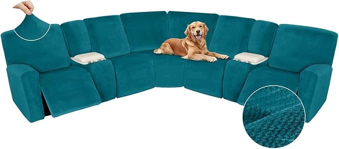 Arfntevss Sectional Recliner Couch Covers Velvet Washable Corner Sectional Sofa Cover for Reclining Couch Stretch Soft Thick L Shape Recliner Slipcover Set (5 Seat with 2 Console Cover, Teal Blue)