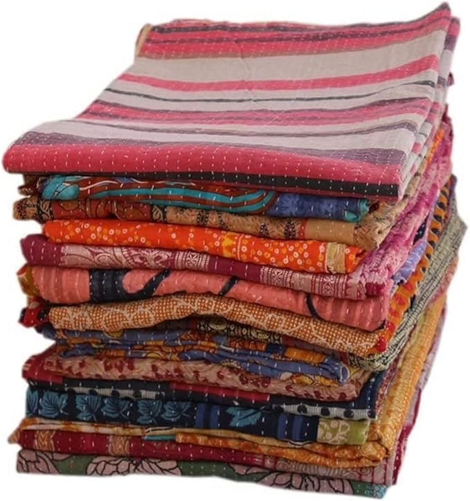 Shri Radhey Empire Indian Vintage Kantha Quilt Handmade Throw Reversible Blanket Bedding Cotton Fabric Bohemian Assorted Quilt 85X55 Inch 1 Pcs Lot