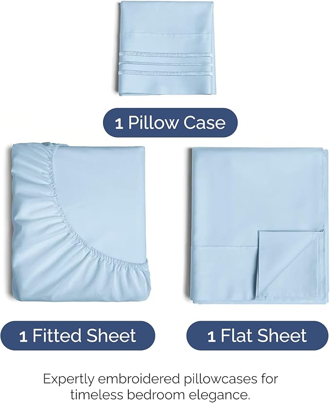 Twin XL Size 3 Piece Sheet Set - Comfy Breathable & Cooling Bed Sheets Set - Hotel Luxury Bedding for Women, Men, Kids, Teens, Boys & Girls - Deep Pockets, Soft, Wrinkle Free - Oeko-Tex - Light Blue