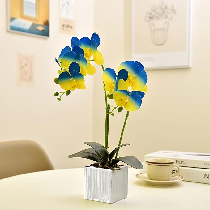 Artificial Potted Orchid Faux Phalaenopsis Silk Flowers Bonsai Realistic Arrangement in Silver Vase for Home Decoration Table Centerpiece, Blue/Yellow