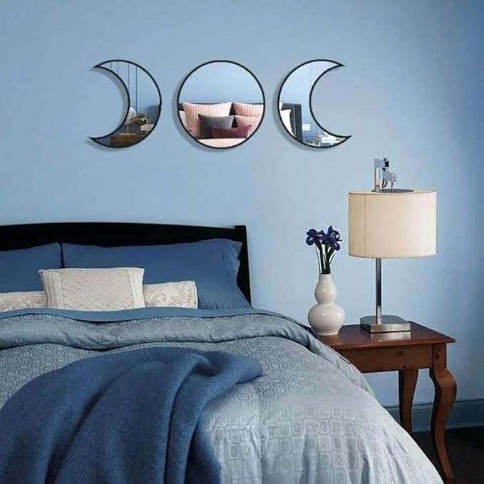 5 pcs Scandinavian Natural Decor Acrylic Moonphase Mirrors Interior Design Wooden Moon Phase Mirror Bohemian Wall Decoration for Home Living Room Bedroom Decor - No Need to Punch (Black)