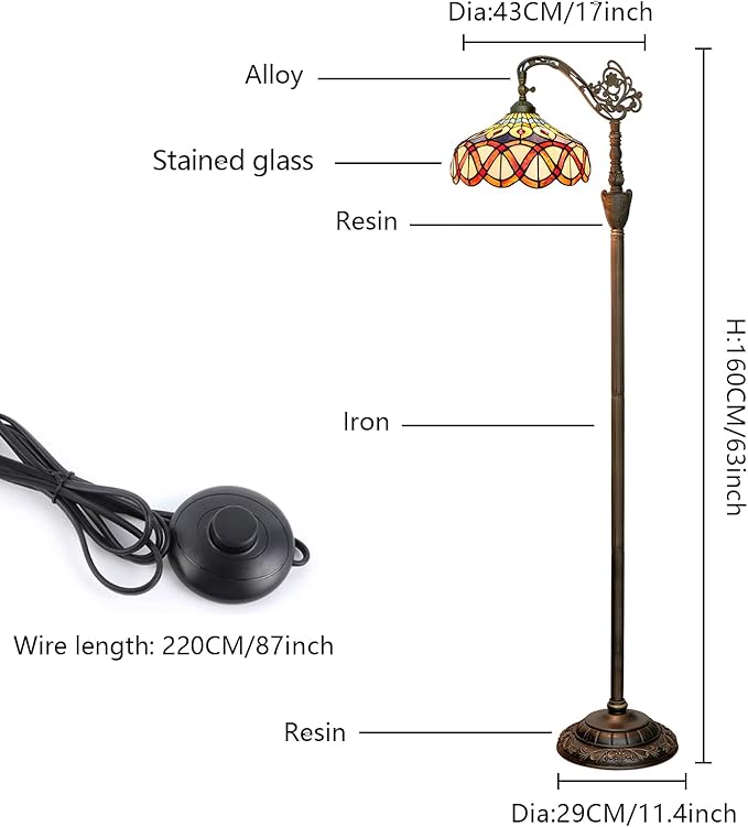 Tiffany Floor Lamp Yellow Peacock Tail Stained Glass Floor Light Adjustable Angle Tall Standing Lamp 63 inches for Home Living Room Bedroom