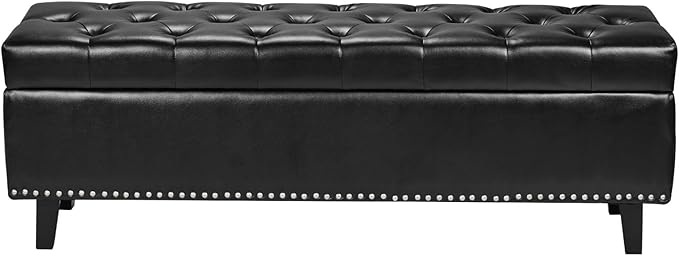 VEVOR Button-Tufted Storage Ottoman Bench, PU Leather Bench with Storage and Solid Wood Legs, Modern Shoe Benches Seat for Entryway, Upholstered End of Bed Benches for Living Room, Dining Room, Black