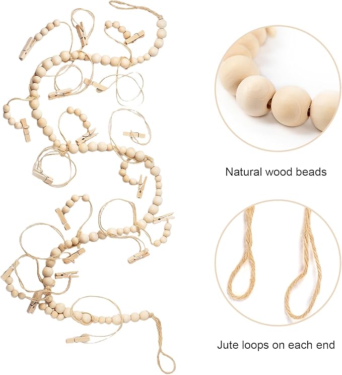 Hanging Photo Display with 18 Wood Clips, Boho Wooden Bead Wall Décor for Bedroom, Living Room, Dorm, Kids Art Picture Display