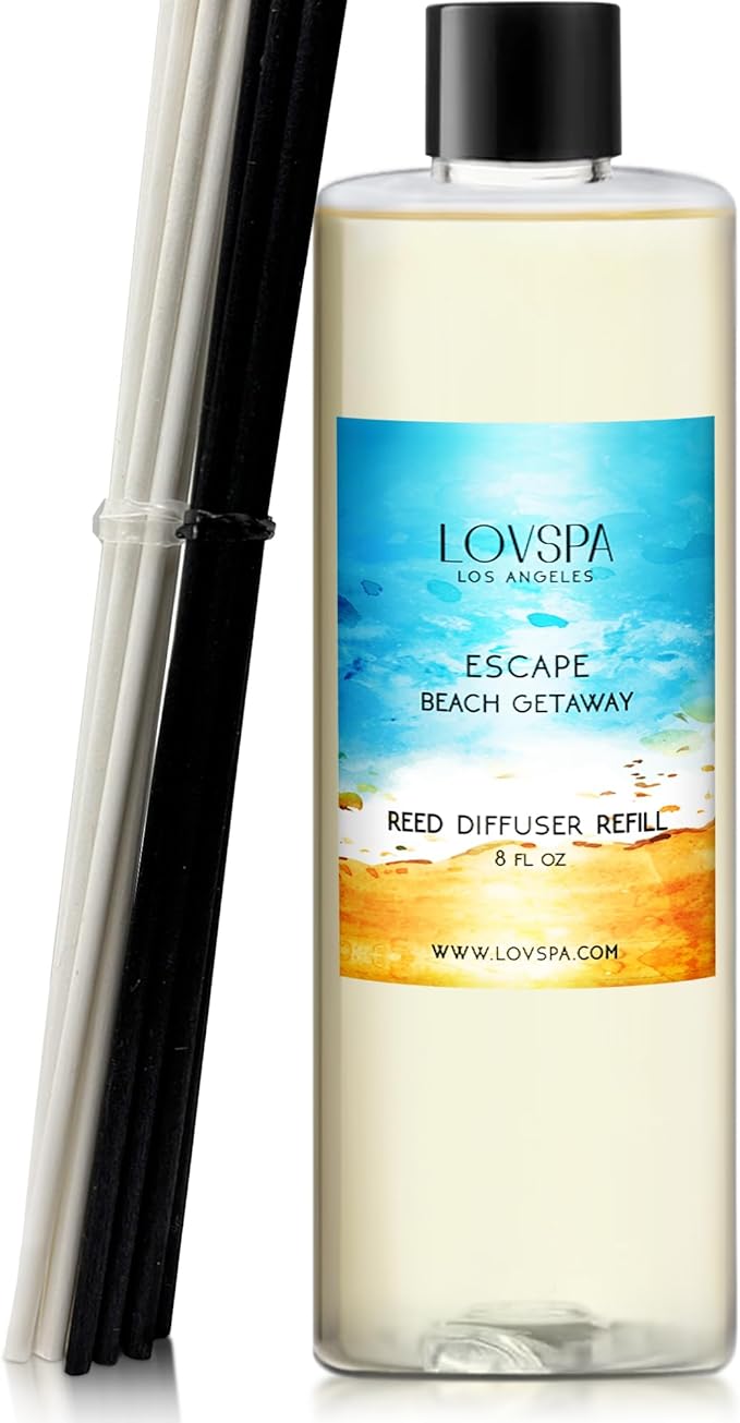 LOVSPA Escape Beach Getaway Diffuser Oil - Essential Oils for Diffuser Refill & Air Freshener Room Spray - Long-Lasting & Natural Home Fragrance, Scented Oil for Diffusers, USA Made, 8 oz