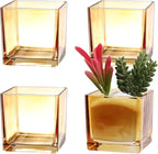 Square Flower Vases Set of 4, 3"x 3"x 3" Glass Vases for Centerpieces, Amber Vase for Flowers, Small Vase for Wedding, Party, Home Office Decoration