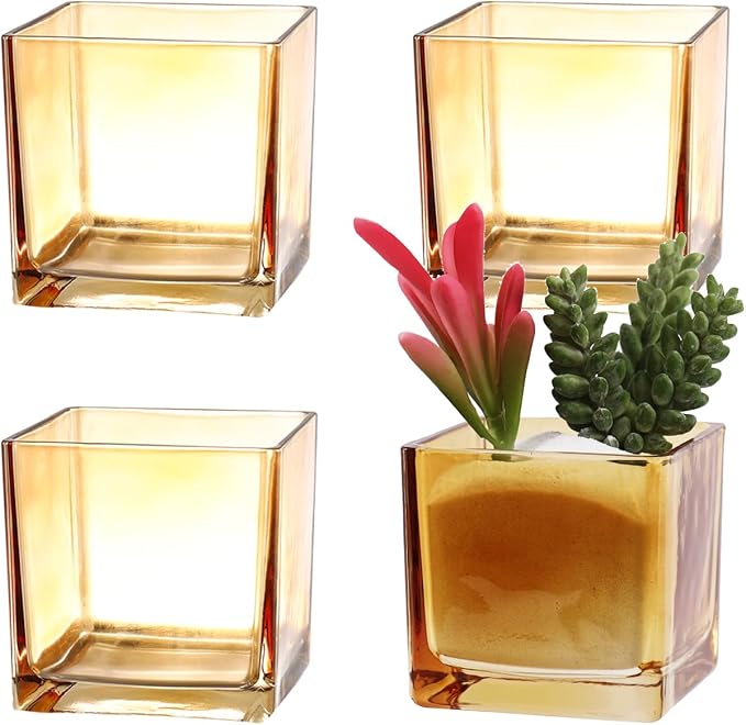 Square Flower Vases Set of 4, 3"x 3"x 3" Glass Vases for Centerpieces, Amber Vase for Flowers, Small Vase for Wedding, Party, Home Office Decoration