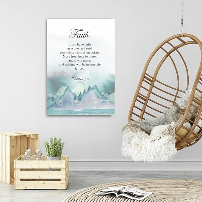 ART Christian Canvas Wall Decor Mountains Canvas Poster for Living Room Bedroom Decorations Modern Picture Poster Painting Home Décor, Bible Verse, Matthew 17:20 Faith