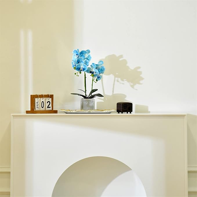 Artificial Potted Orchid Faux Phalaenopsis Silk Flowers Bonsai Realistic Arrangement in Silver Vase for Home Decoration Table Centerpiece, Blue