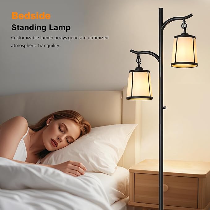 9MMML Farmhouse Floor Lamp for Living Room, 67'' Tall Floor Lamp with 2 Hanging Smooth Faux Leather Lamp Shade, Vintage Black Dimmable Standing Lamp for Bedroom, 2 x 800LM LED Bulbs Included