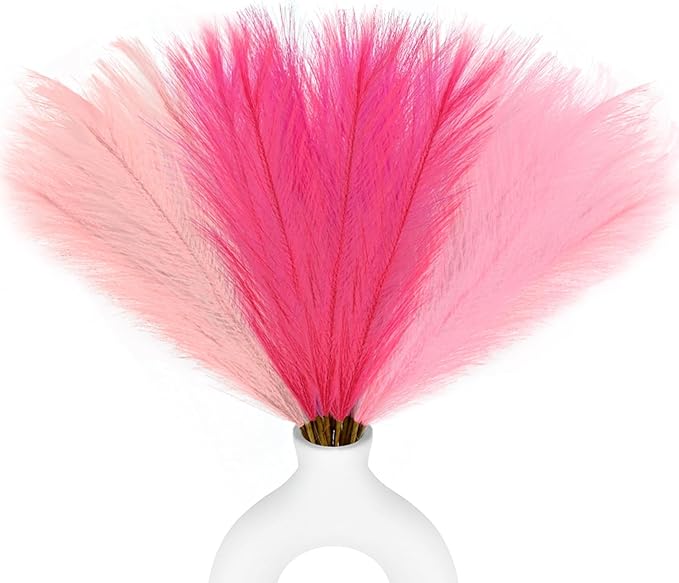 48pcs Pink Faux Pampas Grass Decor, 21.7inch Hot Pink Short Artificial Pompous Grass Fluffy Fake Pompas Grass Branches Vase Filler Flower Arrangement for Outdoors Wedding Centerpieces Decor