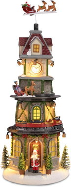 Taman Christmas Village Collectible Buildings, Clock Tower Figurine with Revolving Train Music, Warm Light Christmas Ornaments for Holiday Decorations