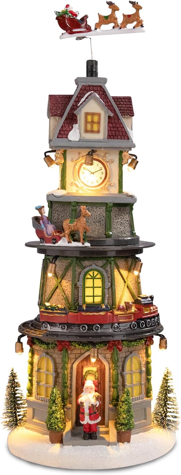 Taman Christmas Village Collectible Buildings, Clock Tower Figurine with Revolving Train Music, Warm Light Christmas Ornaments for Holiday Decorations