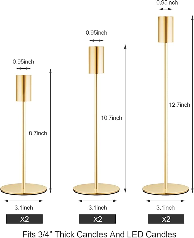 zeochyni Matte French Gold Candle Holders Set of 6, Elegant Candlestick Holders for Wedding Centerpieces Dining Tables Parties Home Decor Events, Taper Candle Holders Fit 3/4 Inch Candles