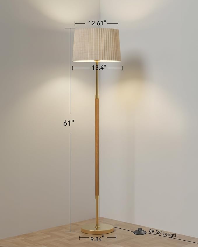 JOOFO Mid-Century Modern Wood Floor Lamp with Dual Fabric Shade, Remote Control, Dimmable & Adjustable Color Temperature, Reading & Living Room Lamp, Easy Clean Cover, Foot Switch