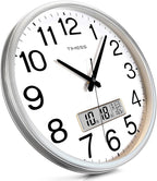 Wall Clock, 13 Inch Non-Ticking Silent Battery Operated Quartz Analog with LCD Display for Perpetual Calendar and F° Temperature, Ideal Modern Home, Bedroom, Kitchen, Office Décor (Sliver)