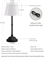 KDG Cordless LED Table Lamp, Portables Fabric Shade Desk Lamps, 4000mAh Rechargeable Battery Powered Lighting, Dimmable Light for Dining Room, Bedroom, Bedside, Night Light, Balcony (Black)