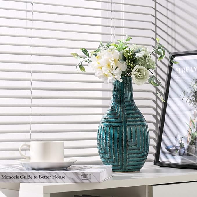hjn Teal Ceramic Vase-Modern Decor Vases for Living Room/Bookshelf/Mantel/Home Decor Accents - Teal Texture-Small-9.4" H