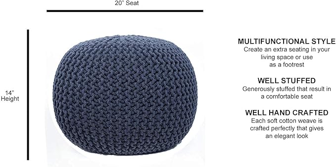FRELISH DECOR Round Pouf Ottoman Hand Knitted 100% Cotton Pouf Foot Stool - Knitted Bean Bag - Floor Chair for Living Room Bedroom - Foot Rest for Couch (20 Diameter x 14 Height) - Dark Grey