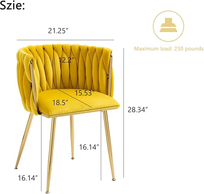 Nrizc Woven Dining Chairs Set of 4, Velvet Upholstered Dining Chairs with Gold Metal Legs, Modern Accent Chairs for Living Room, Dining Room, Kitchen (Yellow)