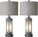 Set of 2 Rustic Table Lamps for Living Room, Farmhouse Vintage Nightstand Lamp with 2 USB Ports, Antique Retro Light Green Glass Night Light for Bedroom Entryway, 4 Bulbs Included