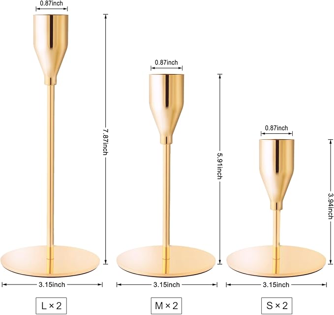 French Gold Taper Candle Holders for Wedding Table Centerpiece,Tall Taper Candlestick Holders Bulk Set of 6,Metal Candle Stick Holders for Dinning or Mantel Centerpiece,Party Home Decor