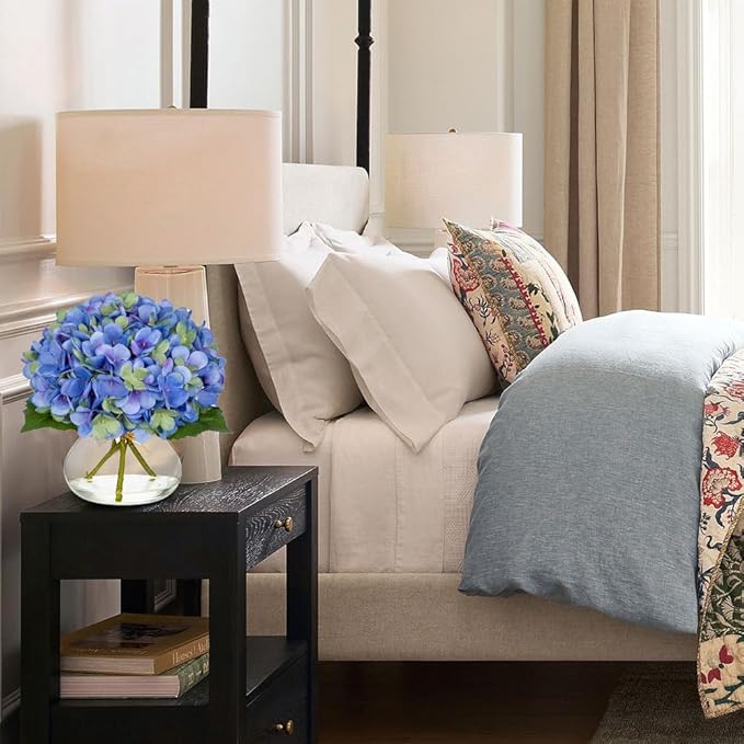 Hollyone Hydrangea Artificial Flowers with Glass Vase Blue-Green Silk Faux Flowers Arrangements in Vase with Faux Water Fake Floral Bulk Bouquet for Home Decor Table Centerpiece Decorations