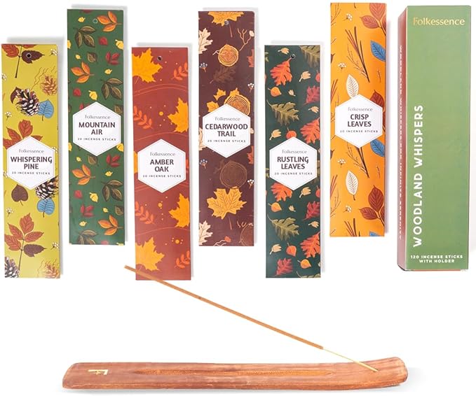 Folkulture Incense Sticks with Holder | Set of 6 (120) Fall Insence-Sticks with 45 Min Burn Time | Cedarwood, Amber Incenses | Organic, Non Toxic Fall Scents | Inscent-Stick or Fall Essentials
