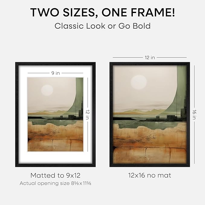 Homeforia 12x16 Black Wood Picture Frame, High End Oak 12x16 Poster Frames with Mat 9x12 Print, 12 x 16 Black Wooden Frame Matted to 9 by 12 Photo, 16x12 Thin Frame, Tempered Glass, Wall Kit, Set of 1