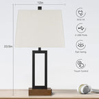 Table Lamp for Bedroom Set of 2 with 2 USB Ports and AC Power Outlet, 23.5" Modern Bedside Lamp, Wood Nightstand Lamp with Linen Shade for Living Room Hotel Desk(LED Bulb Included)