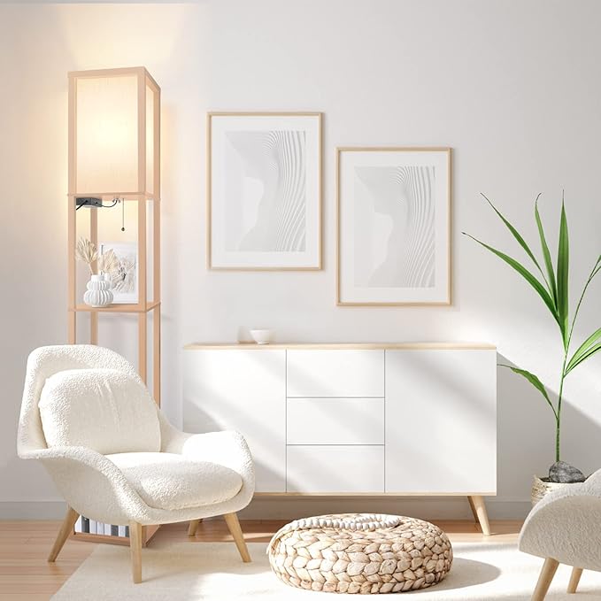 OUTON Floor Lamp with Shelves, LED Shelf Floor Lamp with 1 USB & 1 Type C Ports, 1 AC Outlet, 3 Color Temperature, Storage Display Wood Column Tall Standing Lamp for Living Room, Bedroom Office, Wood