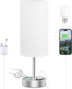 White Touch Bedside Lamp with USB - 3 Way Dimmable Table Lamp for Bedroom, Nightstand Lamp with Nickel Charging Station and Silver LampHolder for Dorm Kids Room, Small