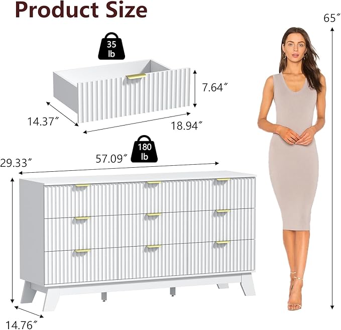 Fluted Dresser for Bedroom,9 Drawer Dresser for Closet,57" Wide Storage Cabinet and Chest of Drawers with Gold Handle,TV Stand,Storage Organizer for Living Room,Hallway,Entryway,White