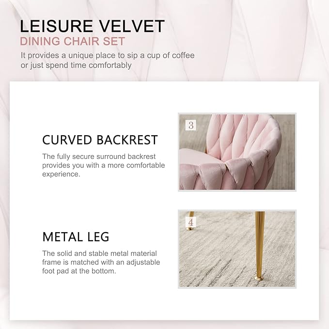 Nrizc Woven Dining Chairs Set of 4, Velvet Upholstered Dining Chairs with Gold Metal Legs, Modern Accent Chairs for Living Room, Dining Room, Kitchen (Pink)