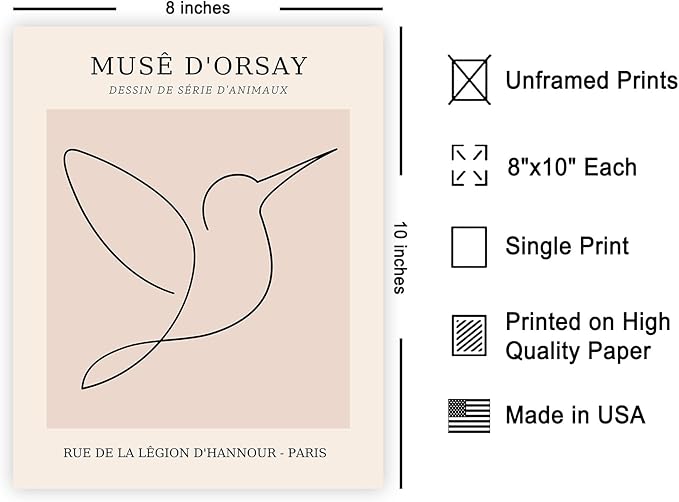 Poster Master Vintage Poster - Retro One Line Hummingbird Drawing Print - Bird Line Art - Minimal Gift for Him, Her, Animal Lover - Abstract Decor for Home, Office - 8x10 UNFRAMED Wall Art