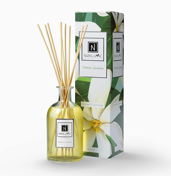 Nabila K Tahitian Gardenia Reed Diffuser Set – Exotic Floral & Spiced Aromatic Oil for Home – Long-Lasting, Smokeless Scent – Made in USA – Includes Reeds + Bottle – Flameless Candle Alternative