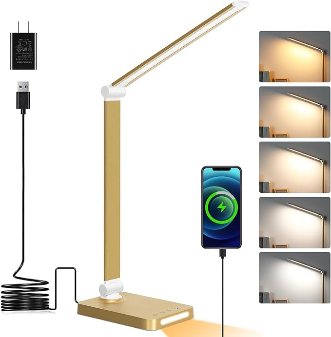 LED Desk Lamp with USB Ports,Touch Desk Lamps for Home Office with 5 Color Modes,3 Brightness Desk Light with Small Night Light,Reading Lamp Table Lamp for Bedroom Bedside Study Gold （with Adapter）