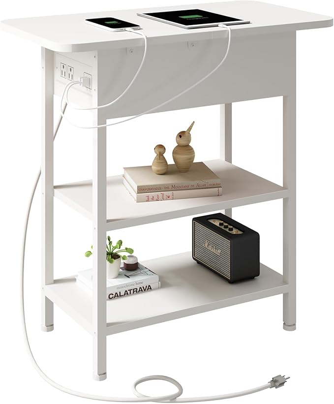 LIDYUK End Table with Charging Station, Flip Top Side Table with USB Ports and Outlets, Nightstand for Small Spaces, Bedside Tables with Storage Shelf for Living Room, Bedroom, White