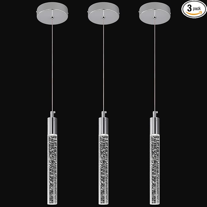 Modern Kitchen Island Pendant Light Dimmable LED Chrome Finish Mini Crystal Pendant Lighting Bedroom Bedside Table Small Pendant Lights（3-Pack）