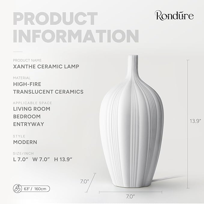 RONDURE 13.9" Modern Ceramic Table Lamp, Modern Bedside Lamps for Bedroom, Living Room and Nightstand, White Translucent Ceramic Shade, Warm Ambient Lighting, Home Decor