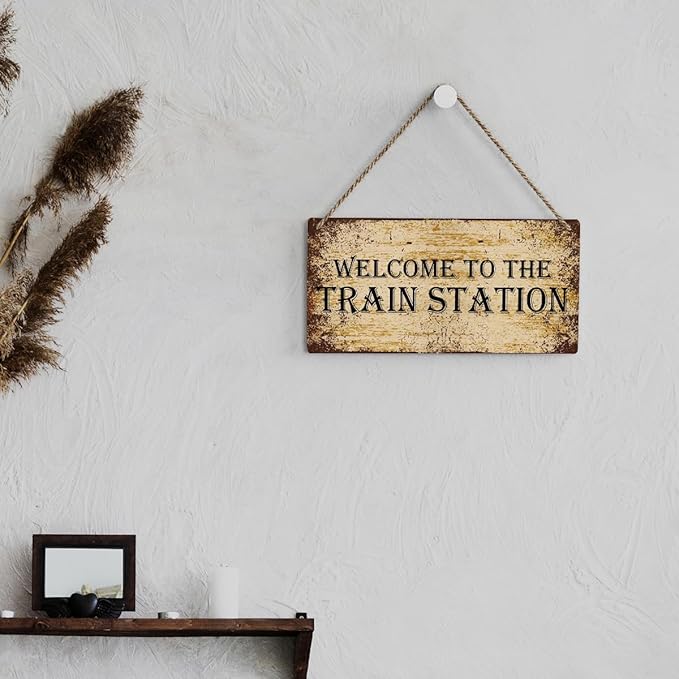 SENJIAN Rustic Train Station Wood Decor Sign, Retro Welcome to the Train Station Printed Wood Sign Wall Art, Hanging Door Sign, Decorative Wood Sign Home Decor 12" x 6"